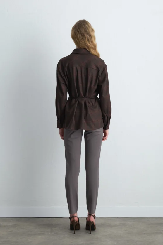 Plaid Fabric Shirt with Drawstring Waist Belt - Brown - 5