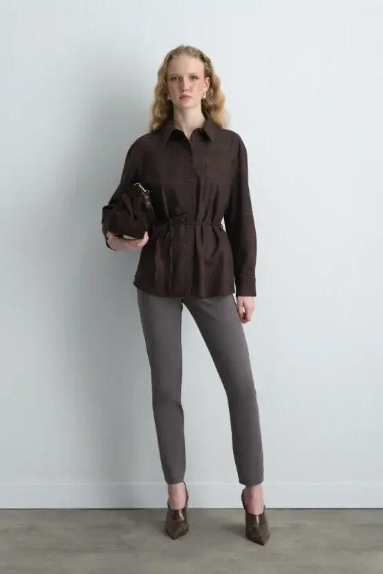 Plaid Fabric Shirt with Drawstring Waist Belt - Brown - Gusto