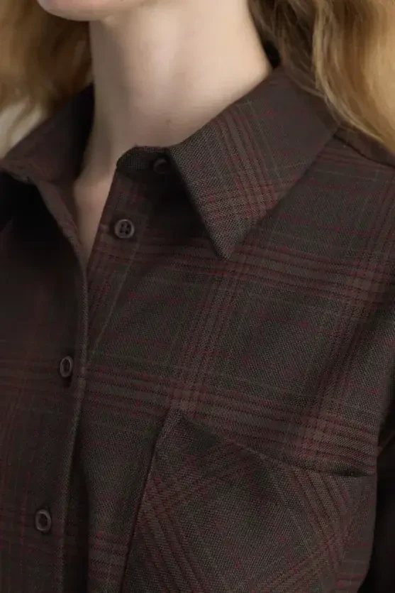 Plaid Fabric Shirt with Drawstring Waist Belt - Brown - Gusto