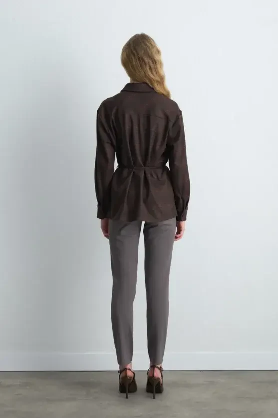 Plaid Fabric Shirt with Drawstring Waist Belt - Brown - 5