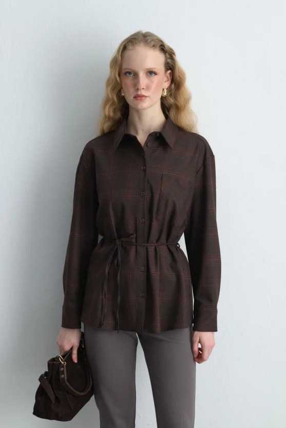 Plaid Fabric Shirt with Drawstring Waist Belt Brown - 1