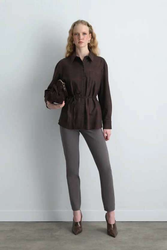 Plaid Fabric Shirt with Drawstring Waist Belt Brown - 2