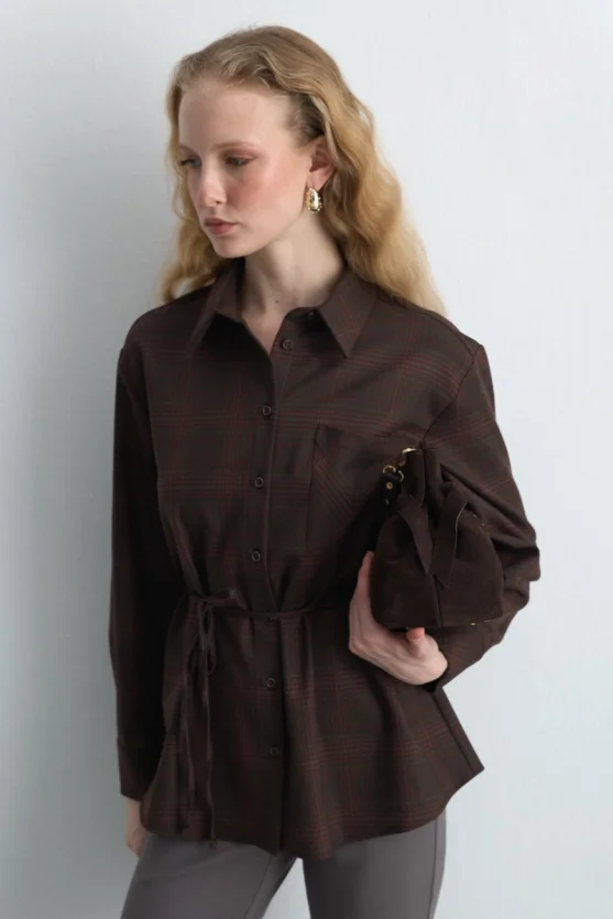 Plaid Fabric Shirt with Drawstring Waist Belt Brown - Gusto