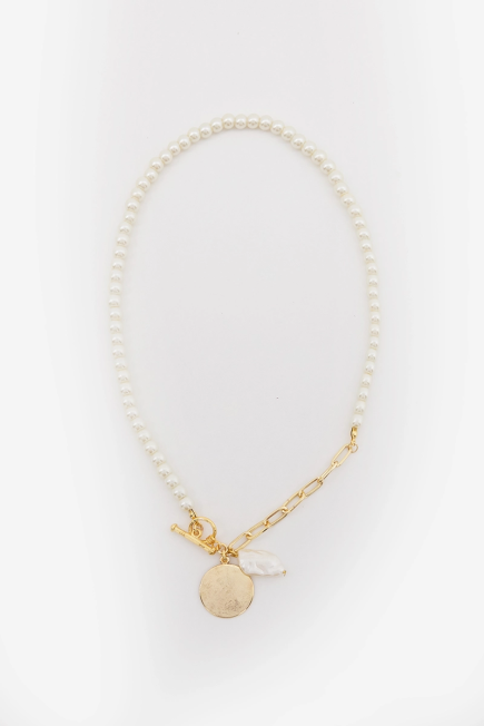 Plate and Pearl Bead Necklace - White White