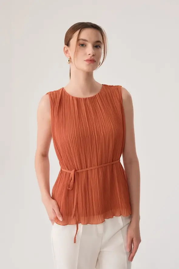 Pleated Blouse - Apricot - 1
