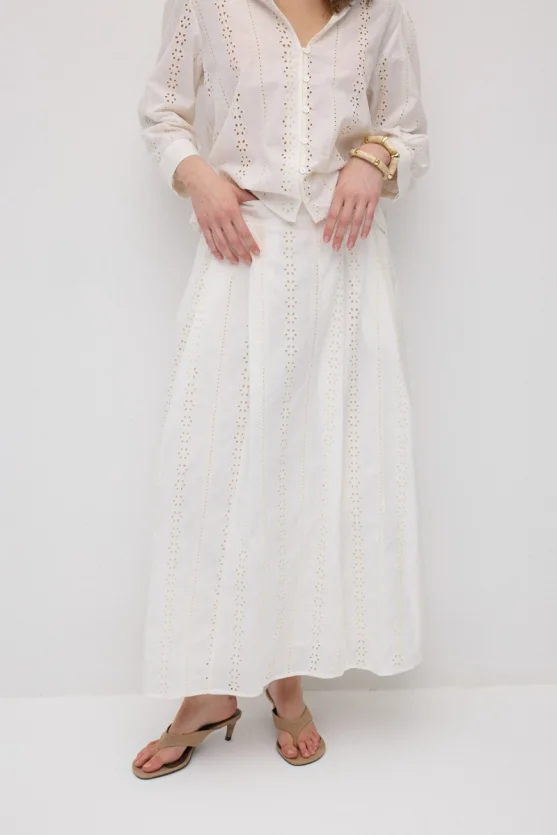 Pleated Broderie Cotton Skirt - White - 2