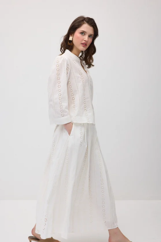 Pleated Broderie Cotton Skirt - White - Gusto
