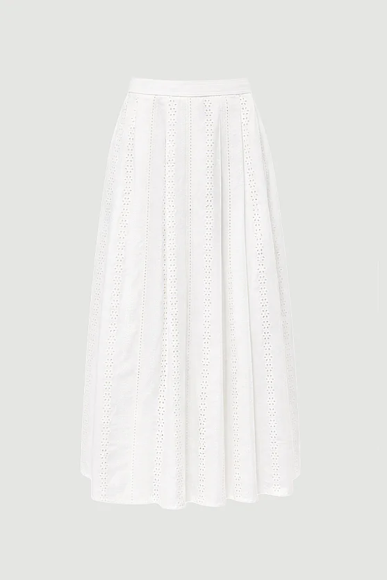 Pleated Broderie Cotton Skirt - White - Gusto