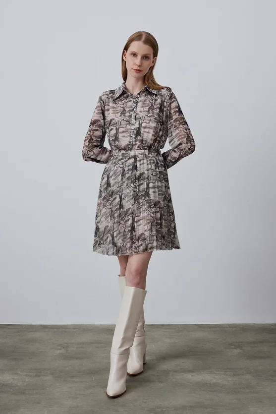 Pleated Chiffon Skirt - Taupe - 1