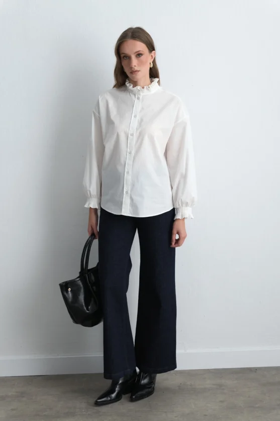 Pleated Collar and Sleeve Cotton Shirt White - 2