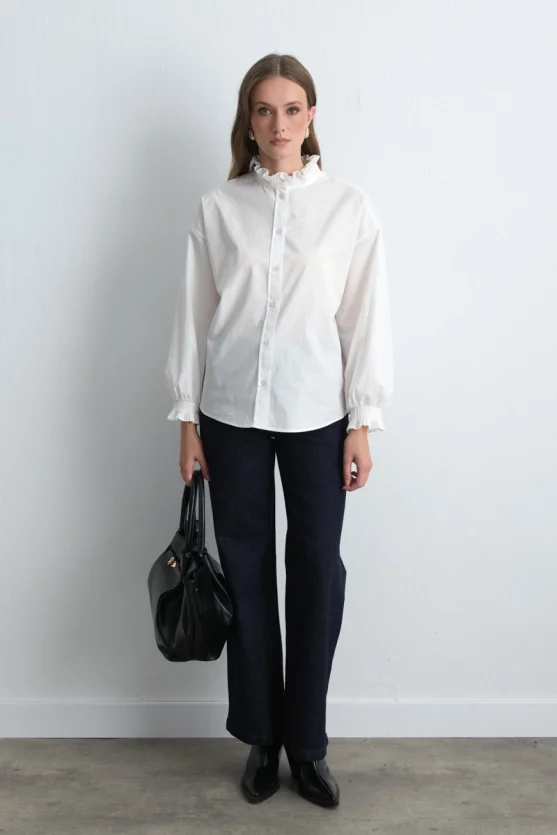 Pleated Collar and Sleeve Cotton Shirt White - Gusto