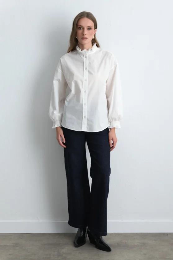 Pleated Collar and Sleeve Cotton Shirt White - 4