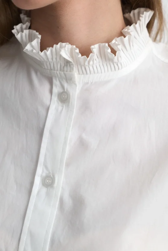 Pleated Collar and Sleeve Cotton Shirt White - Gusto