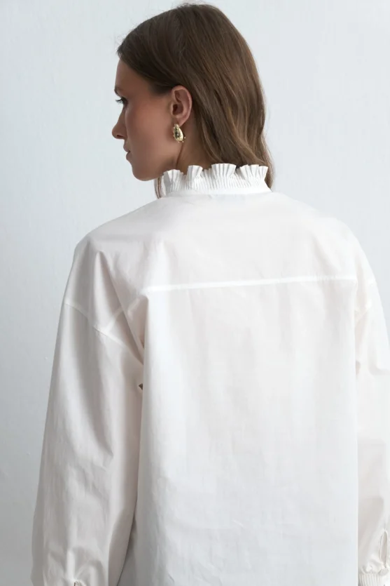 Pleated Collar and Sleeve Cotton Shirt White - 6