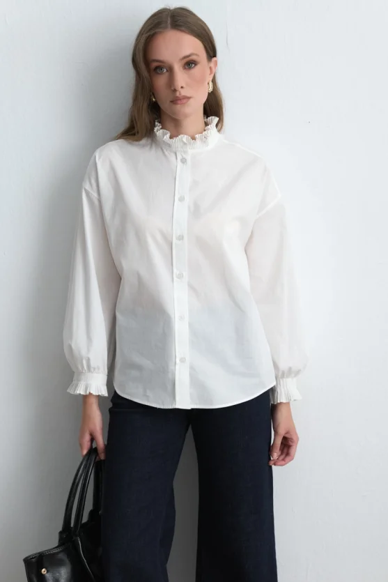 Pleated Collar and Sleeve Cotton Shirt White - Gusto