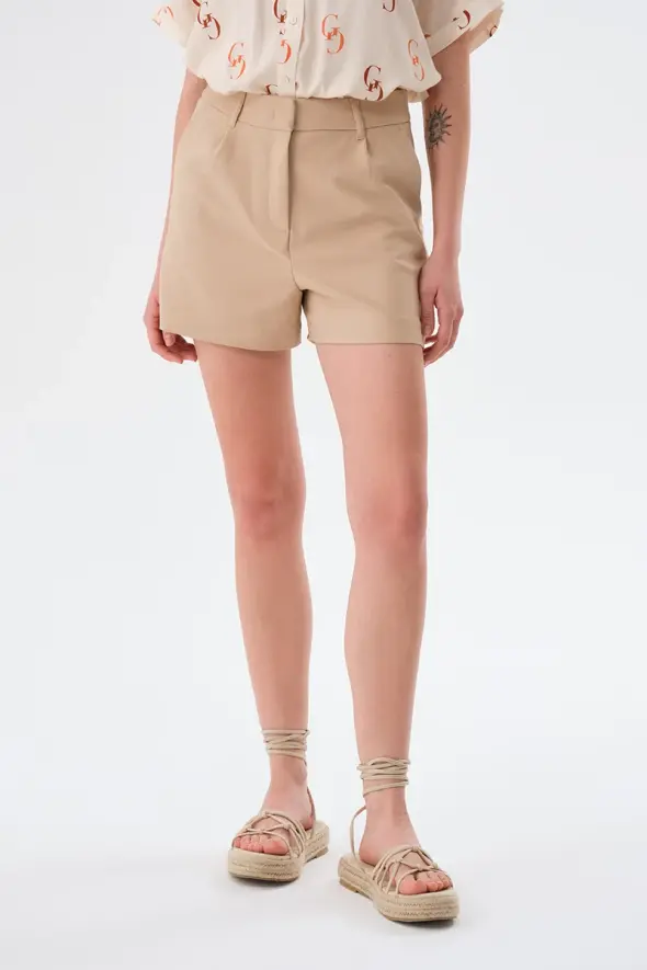 Pleated Cotton Shorts - Beige - 1