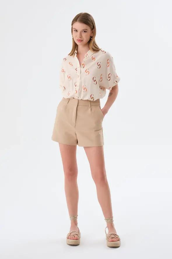 Pleated Cotton Shorts - Beige - 2