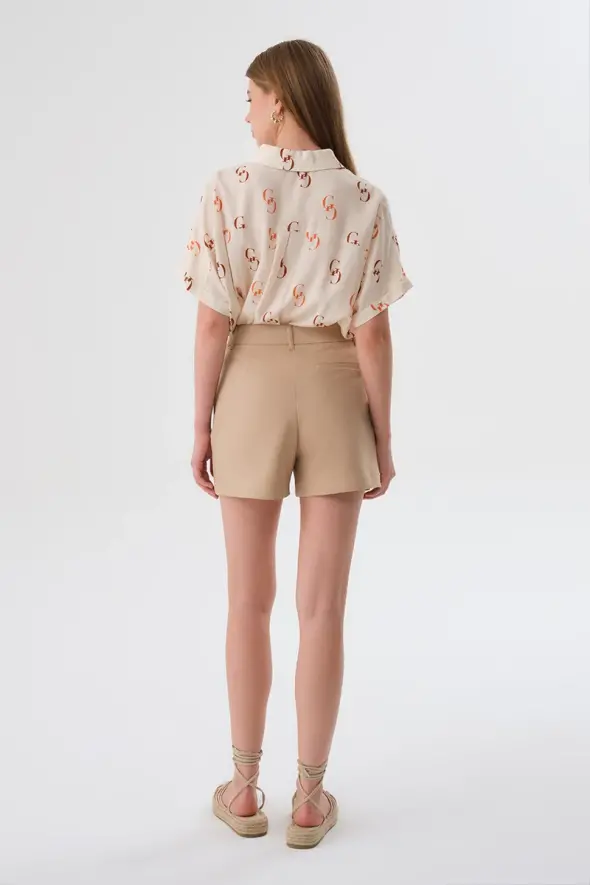 Pleated Cotton Shorts - Beige - 4