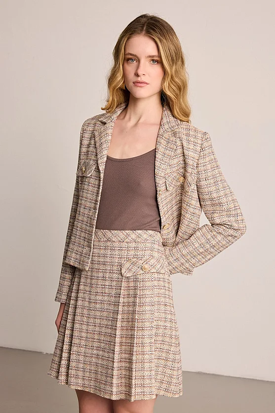 Pleated Cotton Tweed Mini Skirt - Beige - 3
