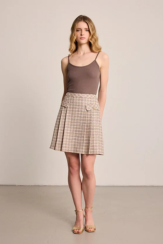 Pleated Cotton Tweed Mini Skirt - Beige - 5