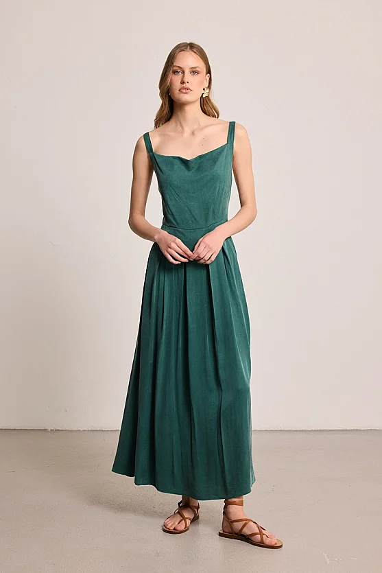 Pleated Cowl Neck Lyocell Dress - Green - Gusto