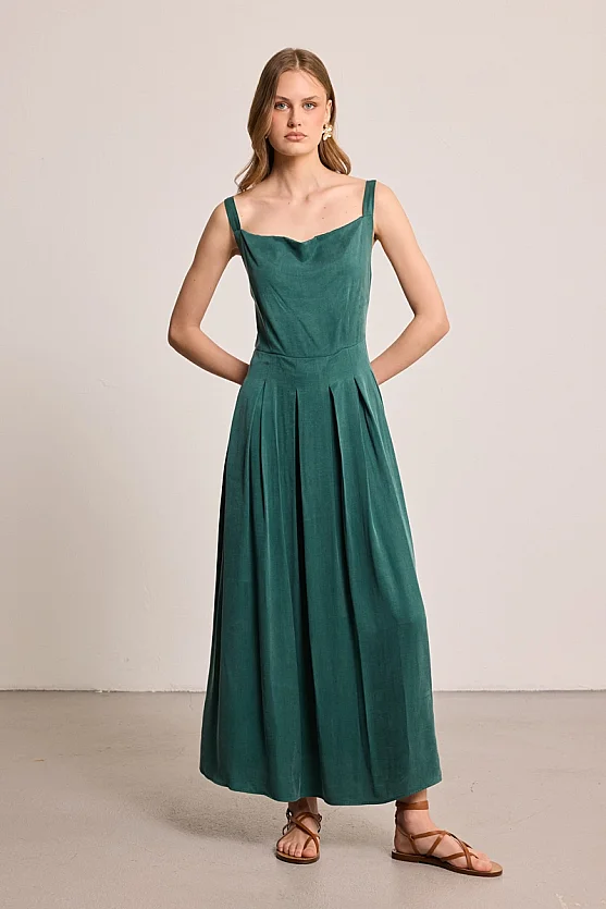 Pleated Cowl Neck Lyocell Dress - Green - Gusto