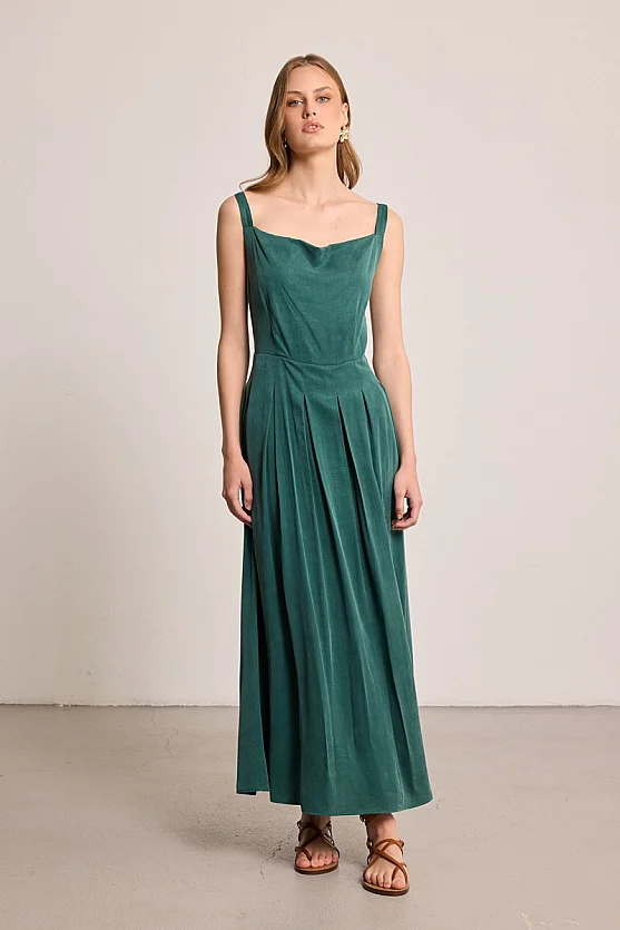 Pleated Cowl Neck Lyocell Dress - Green - Gusto