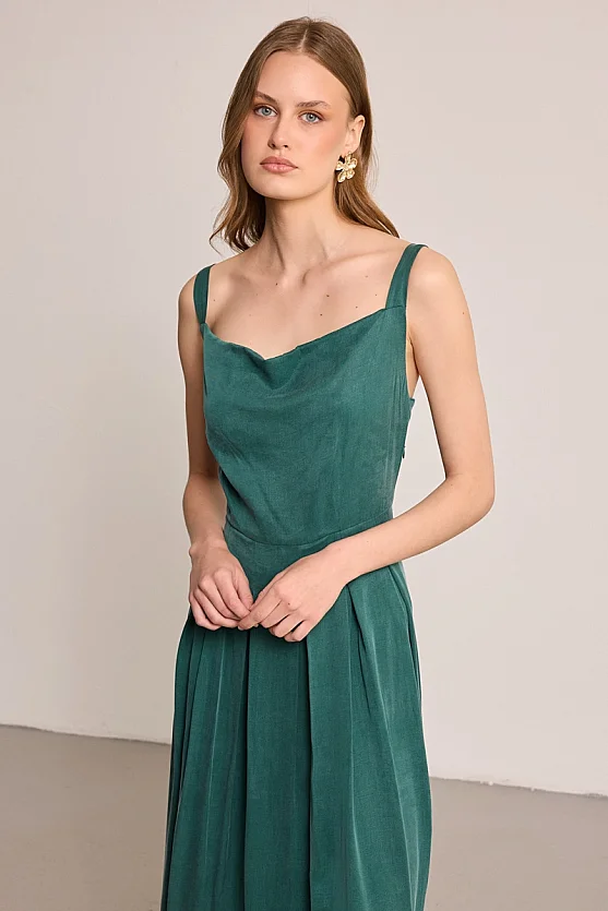 Pleated Cowl Neck Lyocell Dress - Green - Gusto