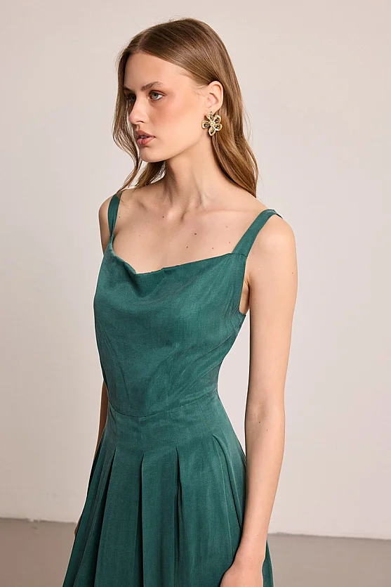 Pleated Cowl Neck Lyocell Dress - Green - Gusto