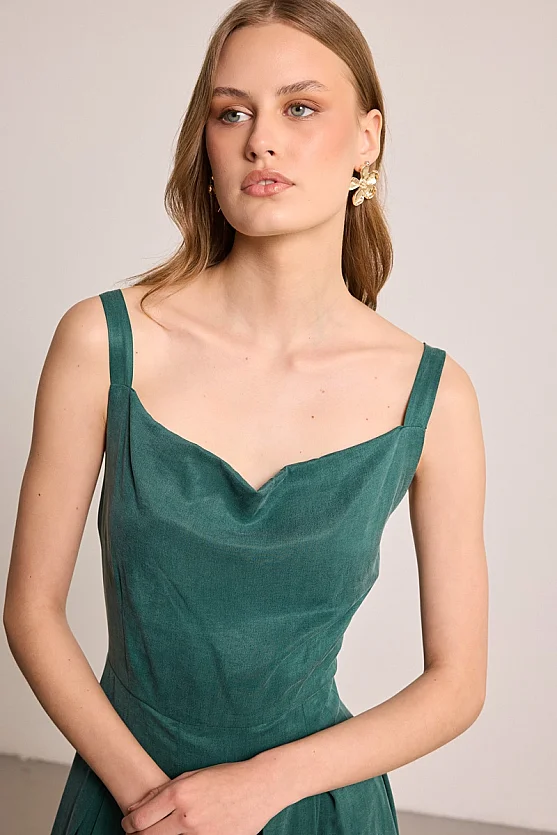 Pleated Cowl Neck Lyocell Dress - Green - Gusto