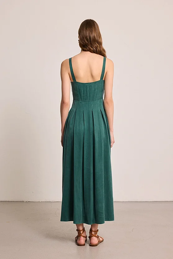 Pleated Cowl Neck Lyocell Dress - Green - 8
