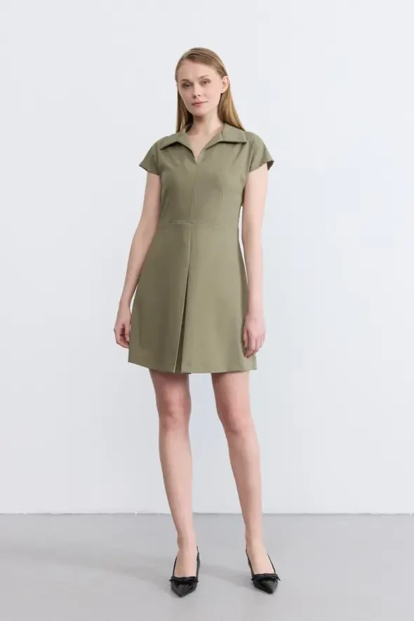 Pleated Drop Shoulder Dress - Khaki - 1