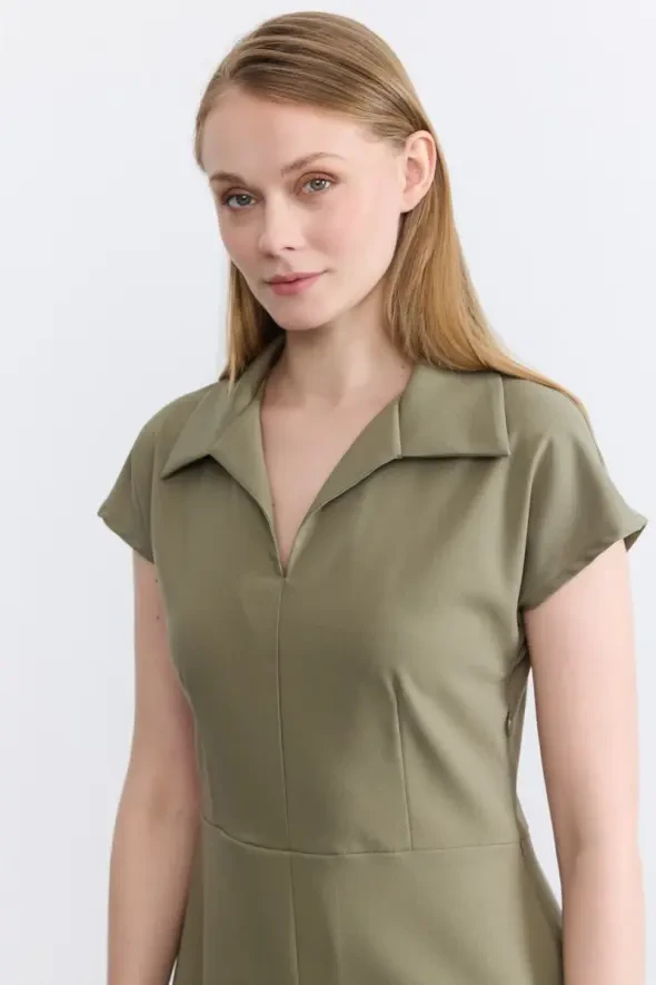 Pleated Drop Shoulder Dress - Khaki - 3