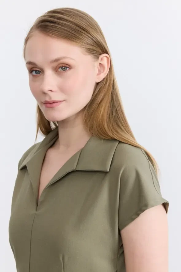 Pleated Drop Shoulder Dress - Khaki - 4