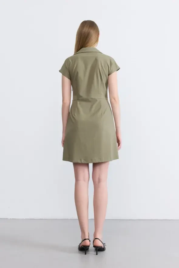 Pleated Drop Shoulder Dress - Khaki - 5