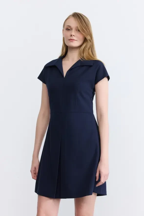 Pleated Drop Shoulder Dress - Navy - 2