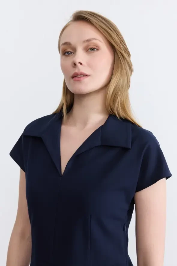 Pleated Drop Shoulder Dress - Navy - 3