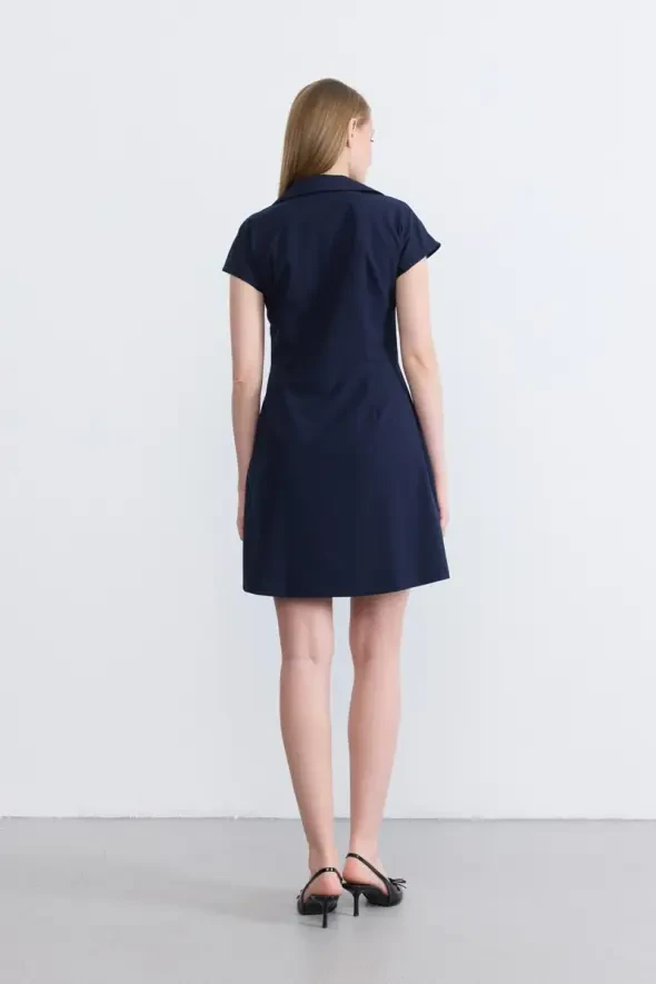 Pleated Drop Shoulder Dress - Navy - 4
