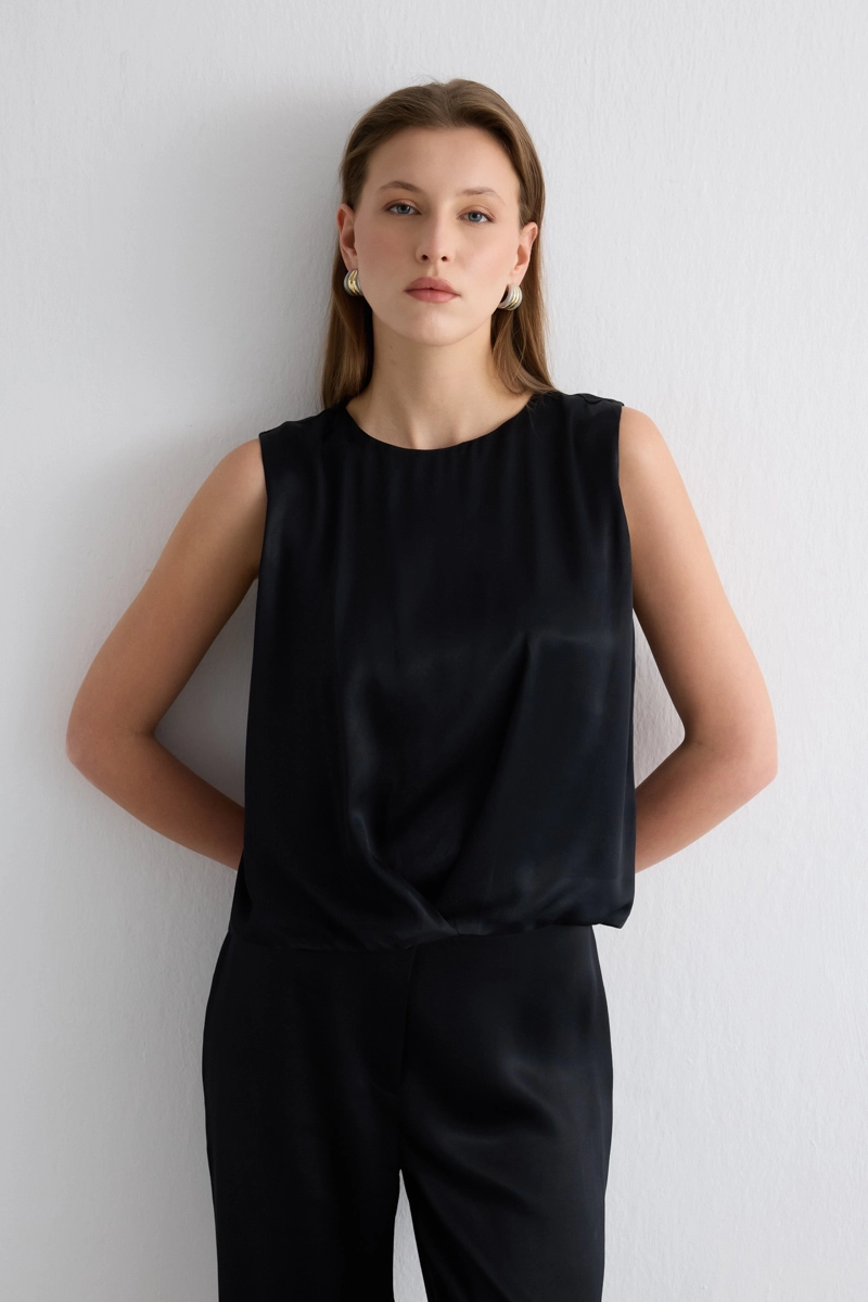 Pleated Front Sleeveless Satin Blouse - Black