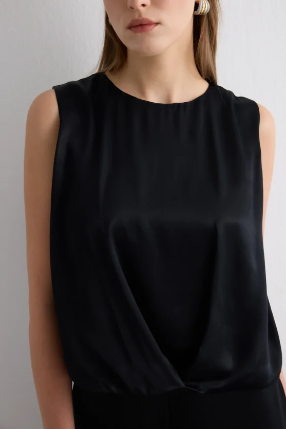 Pleated Front Sleeveless Satin Blouse Black - Gusto
