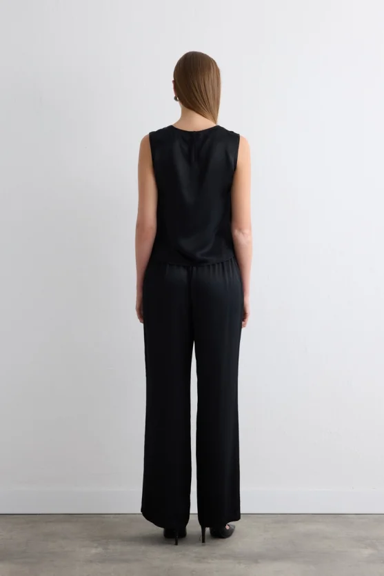 Pleated Front Sleeveless Satin Blouse Black - Gusto