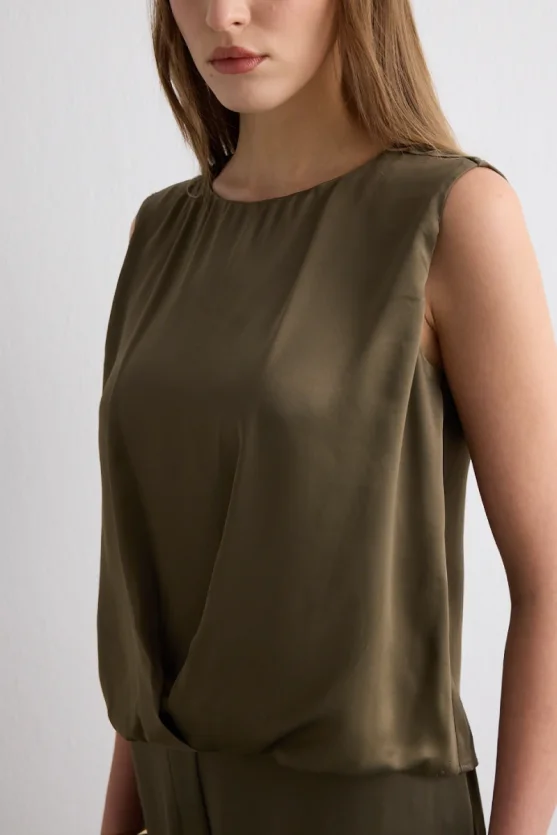 Pleated Front Sleeveless Satin Blouse - Khaki - Gusto