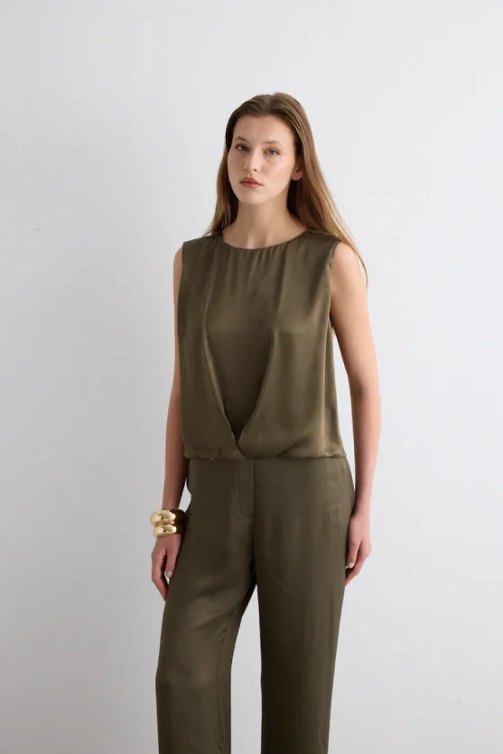 Pleated Front Sleeveless Satin Blouse Khaki - 4