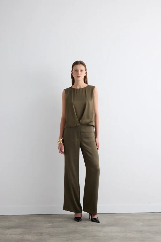 Pleated Front Sleeveless Satin Blouse Khaki - Gusto
