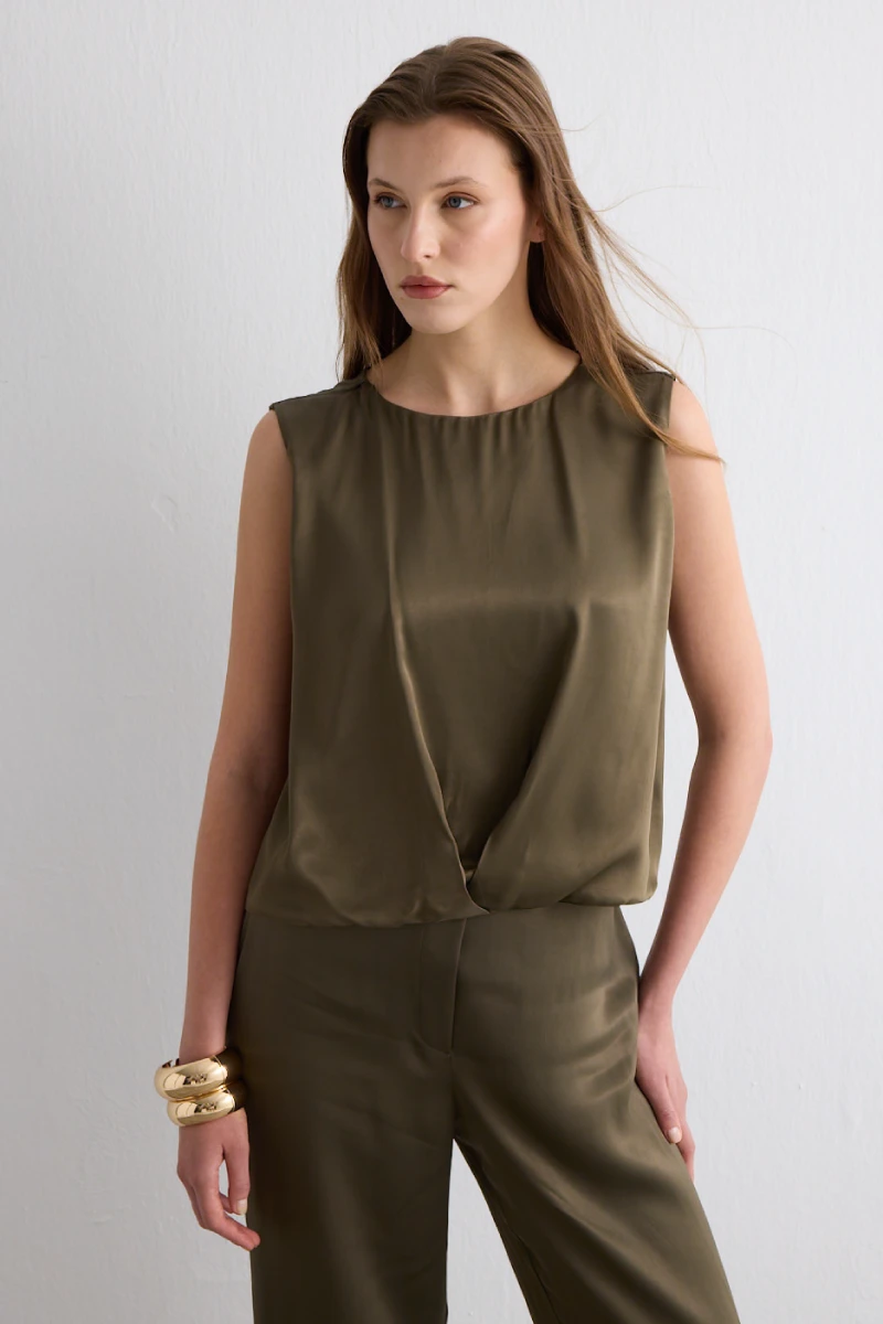 Pleated Front Sleeveless Satin Blouse Khaki - Gusto