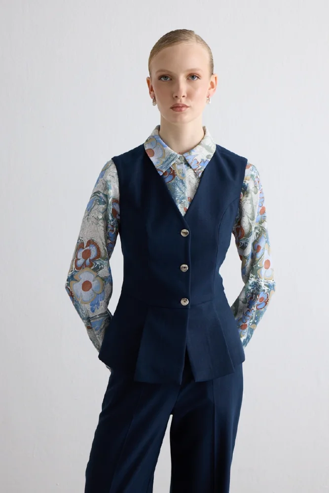 Pleated Glitter Striped Vest Navy Navy Blue