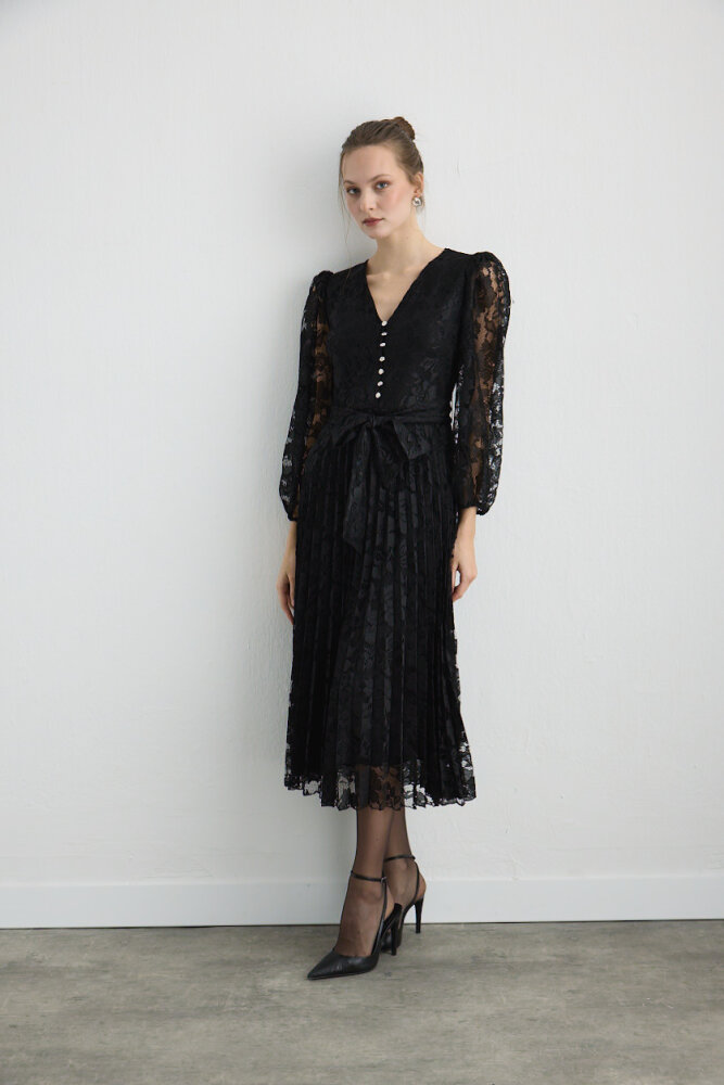 Pleated Lace Long Evening Dress - Black Black