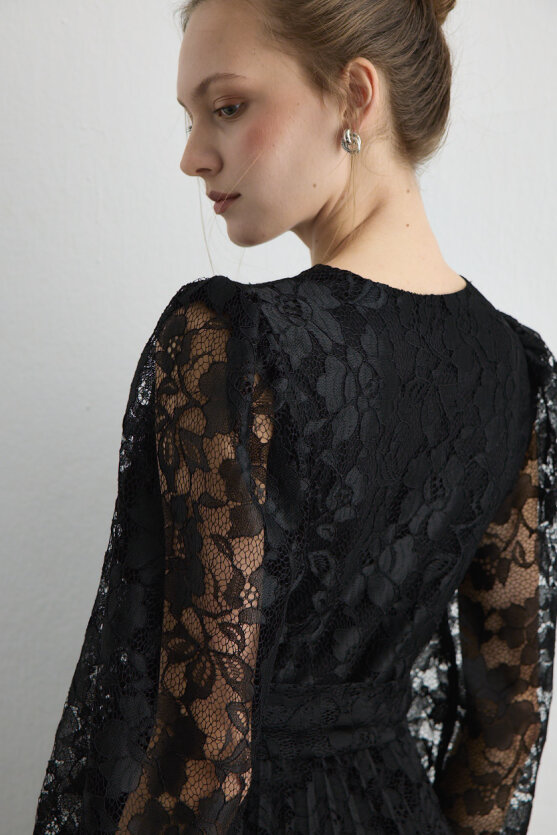 Pleated Lace Long Evening Dress Black - Gusto