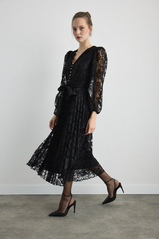Pleated Lace Long Evening Dress Black - 4