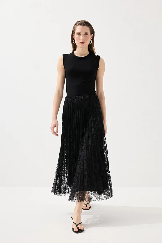 Pleated Lace Skirt - Black - 5